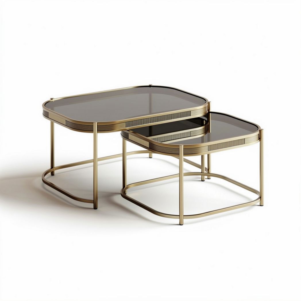 Metal and glass nesting coffee tables set of two in gold finish