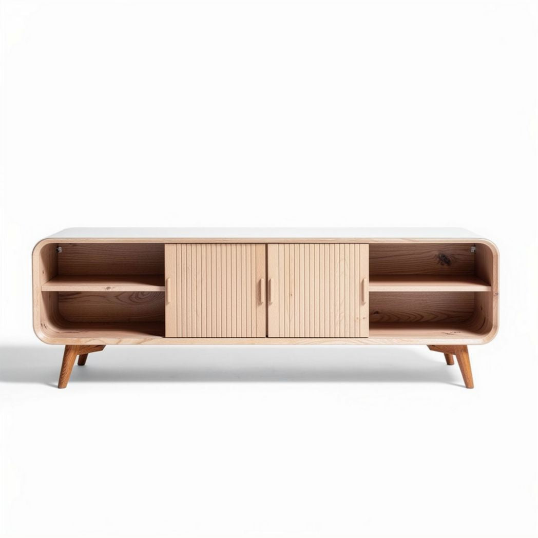 Wooden media console with two cabinets and open shelves 150 x 40 x 50cm