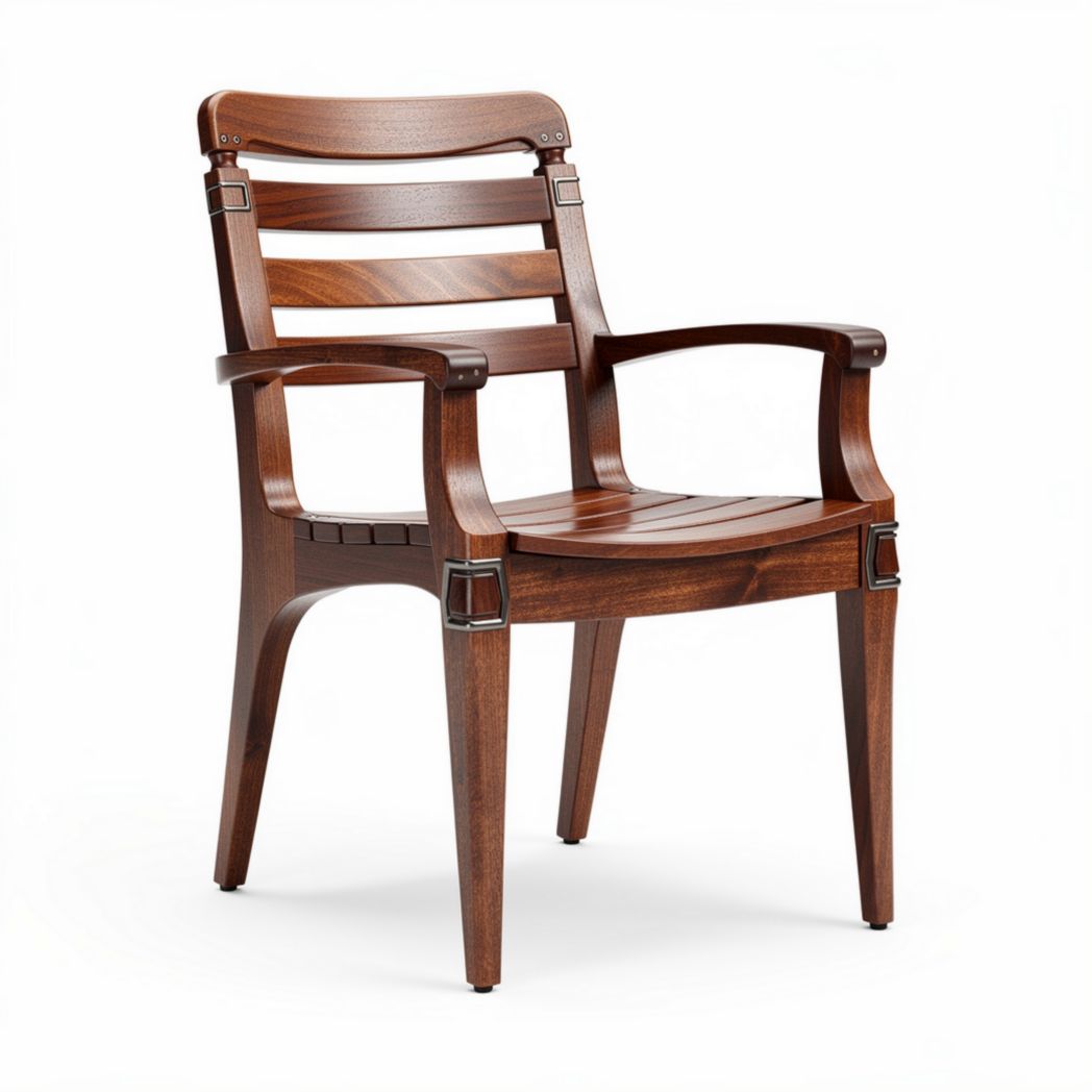 Wooden dining chair with armrests and slatted back in mahogany finish 50 x 55 x 85cm