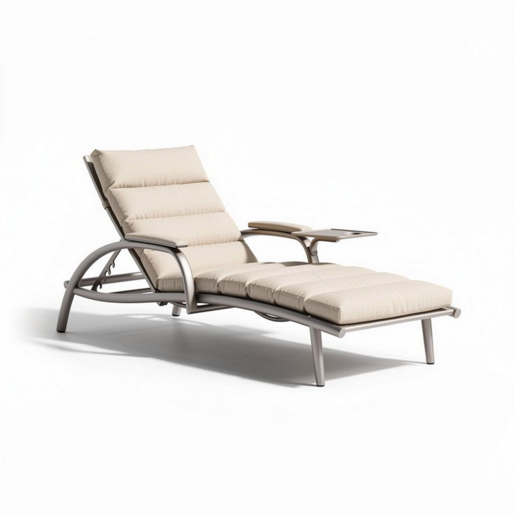 Aluminum outdoor lounge chair with adjustable backrest and side table beige fabric 188 x 70 x 32cm
