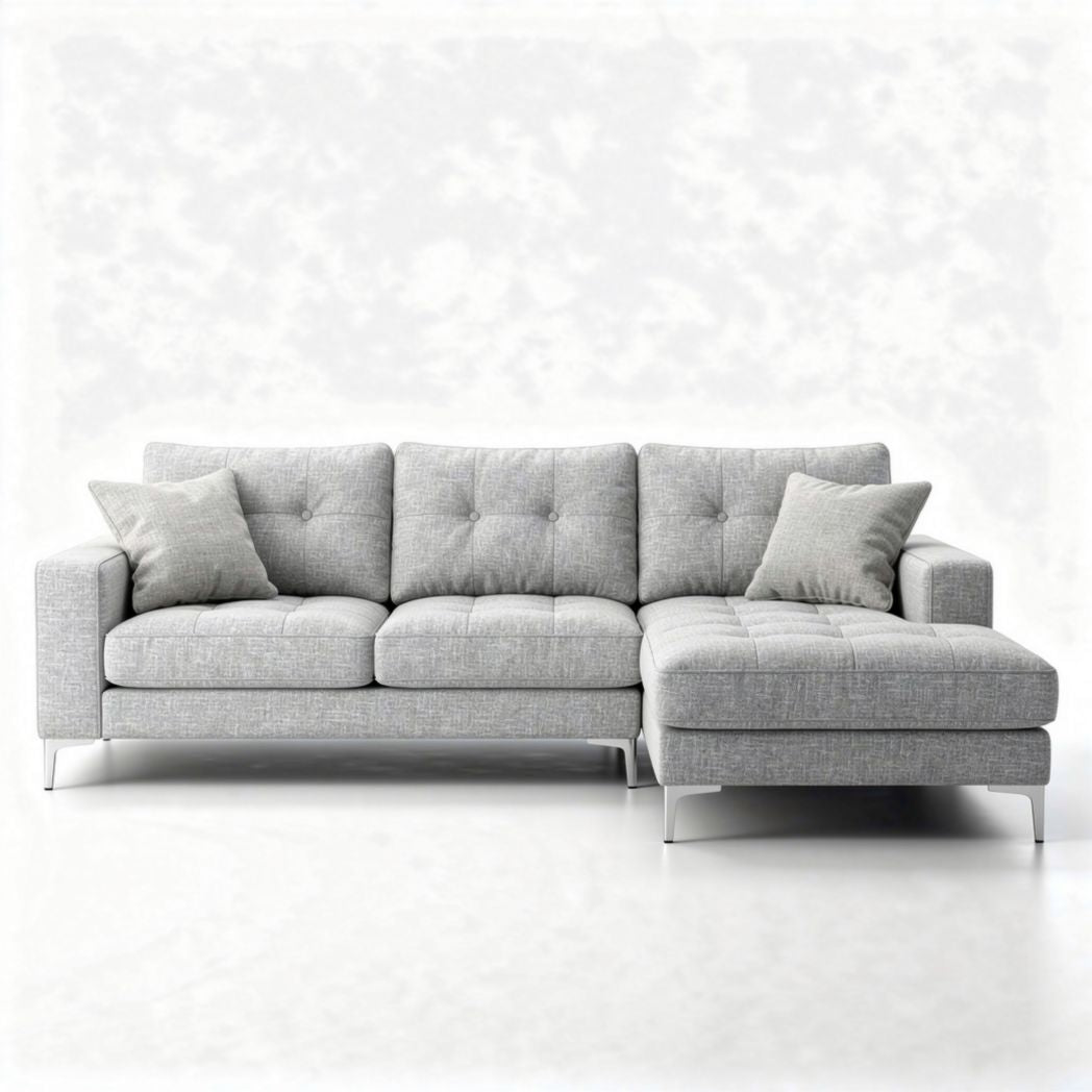 Sectional sofa in light gray fabric with chrome legs 220 x 90 x 80cm