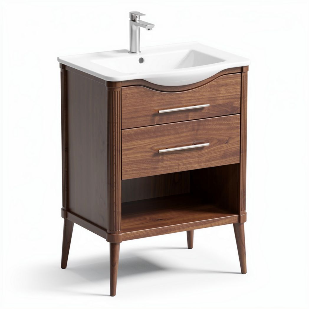 Walnut bathroom vanity cabinet with ceramic sink and two drawers 60 x 45 x 85cm