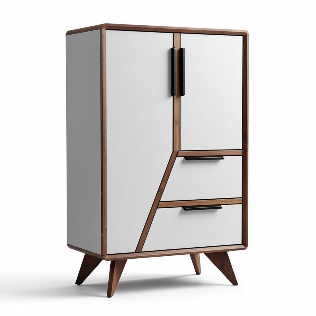 Modern wooden cabinet with two doors and two drawers in white and walnut finish 90 x 45 x 120cm