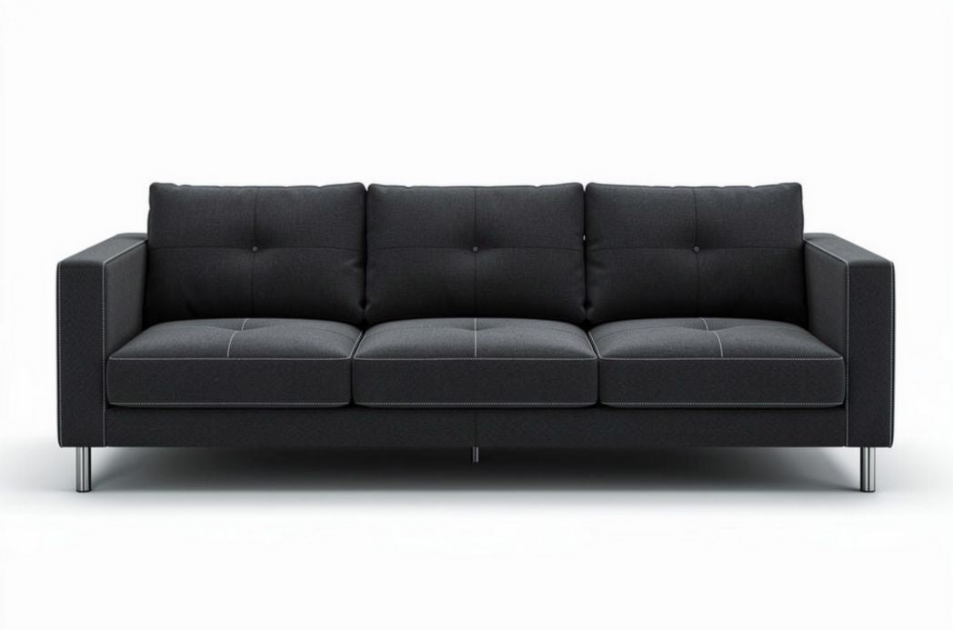 Modern fabric sofa in dark gray with three cushions and chrome legs 180 x 80 x 90cm