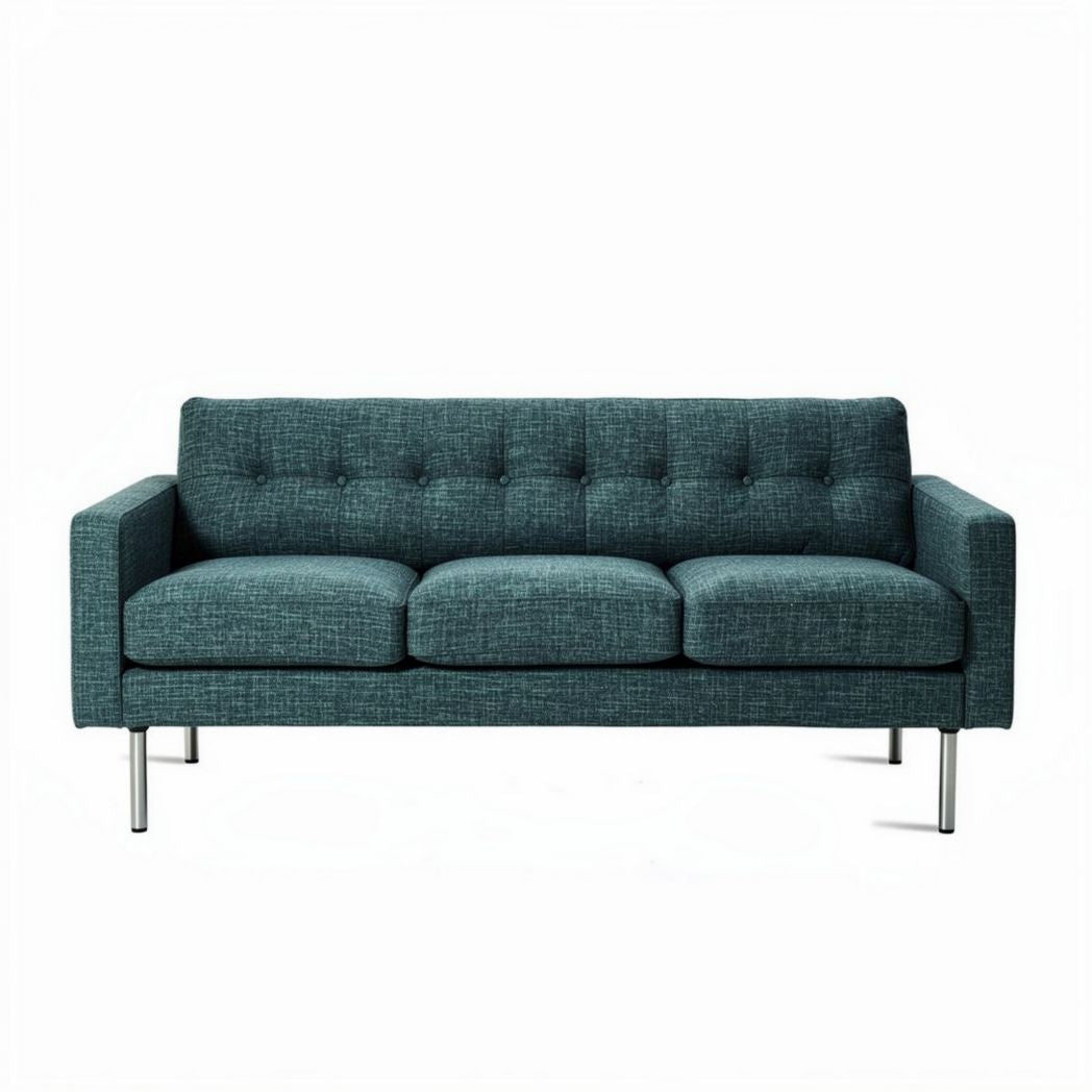 Modern tufted fabric sofa in teal color with stainless steel legs 180 x 80 x 85cm