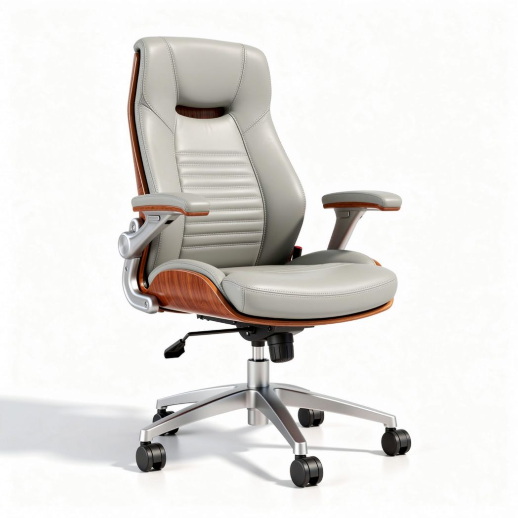 Leather ergonomic office chair with wooden accents and adjustable height