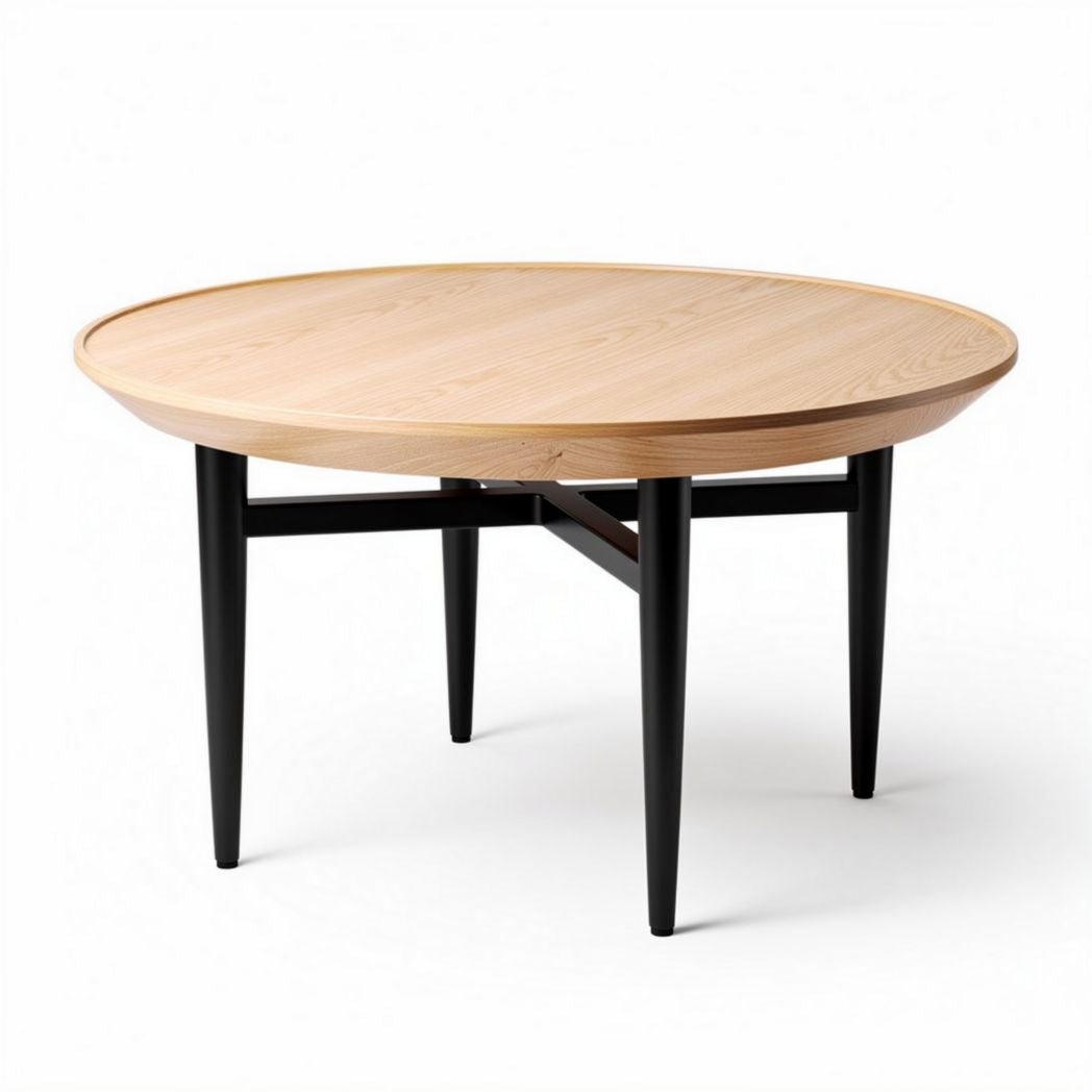 Round wooden coffee table with black metal legs 90 x 90 x 75cm